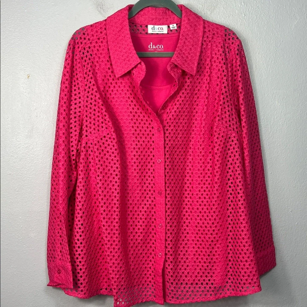 Denim & Co Pink Open Weave Long Sleeve Blouse & Tank To Set 1X